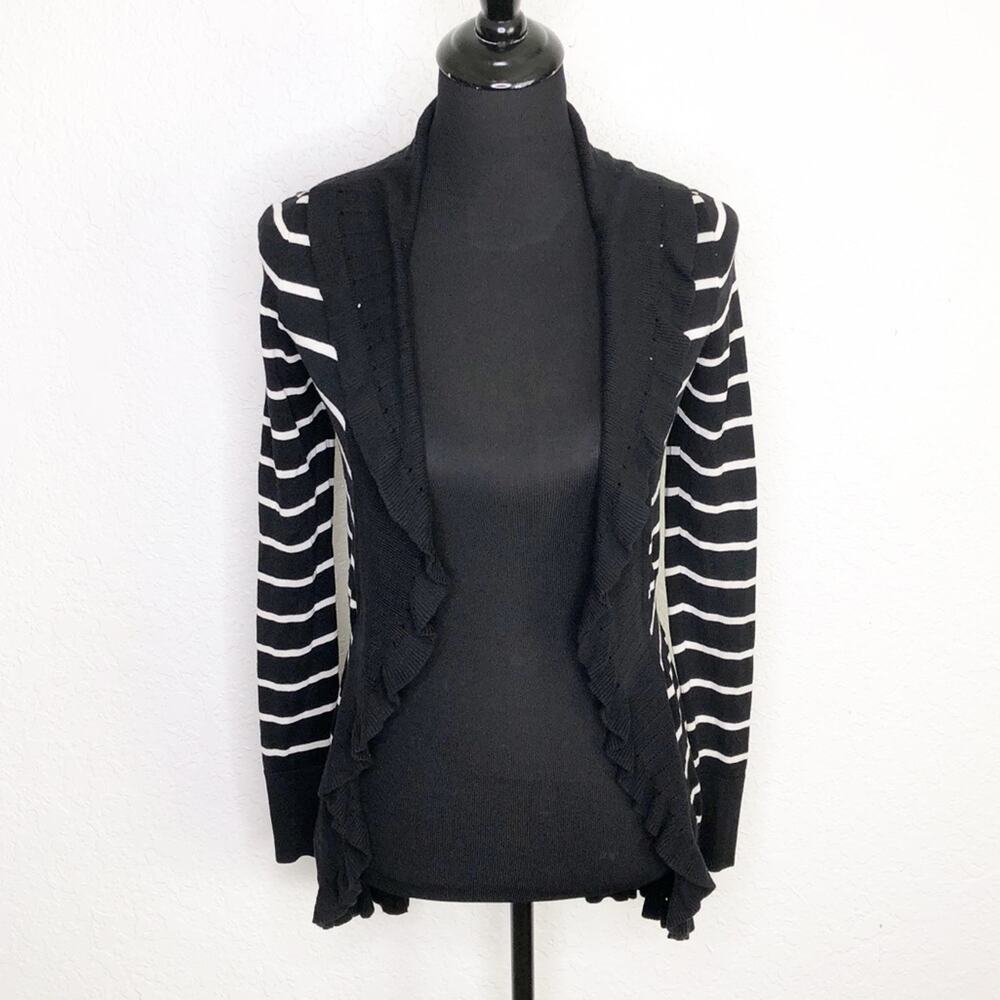 WHBM black white‎ striped ruffle trim silk blend cardigan size Extra Small XS